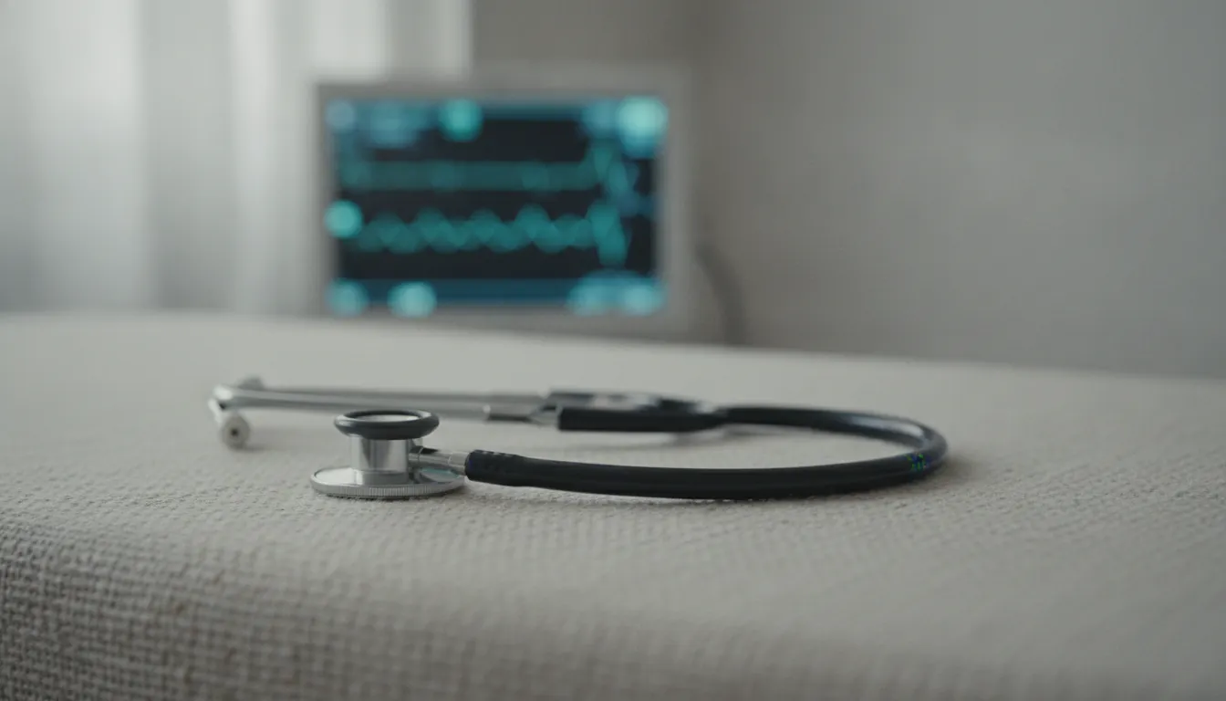 A stethoscope on a clinical table with a cardiac monitor in the background.
