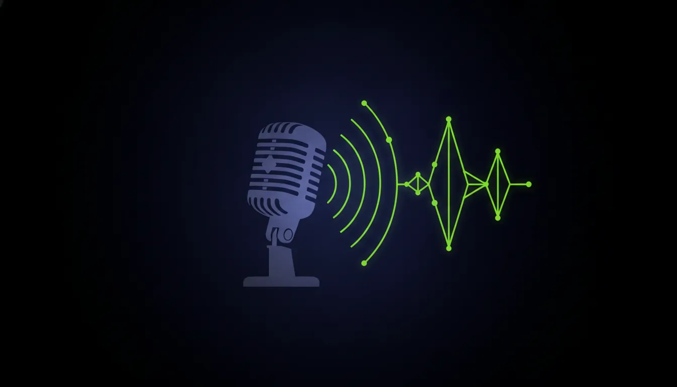 A minimalist illustration of a microphone and sound waves in a dark palette.