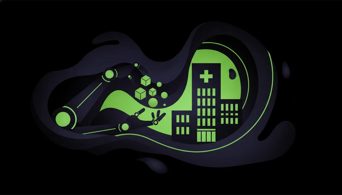A minimalist representation of a hospital and robot arm in a dark color scheme.
