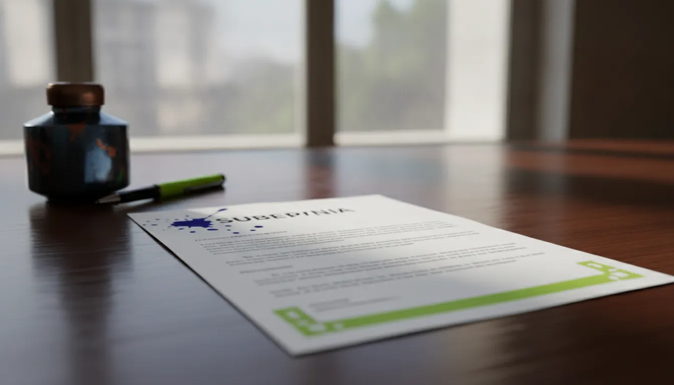 A subpoena on a wooden desk in a government office