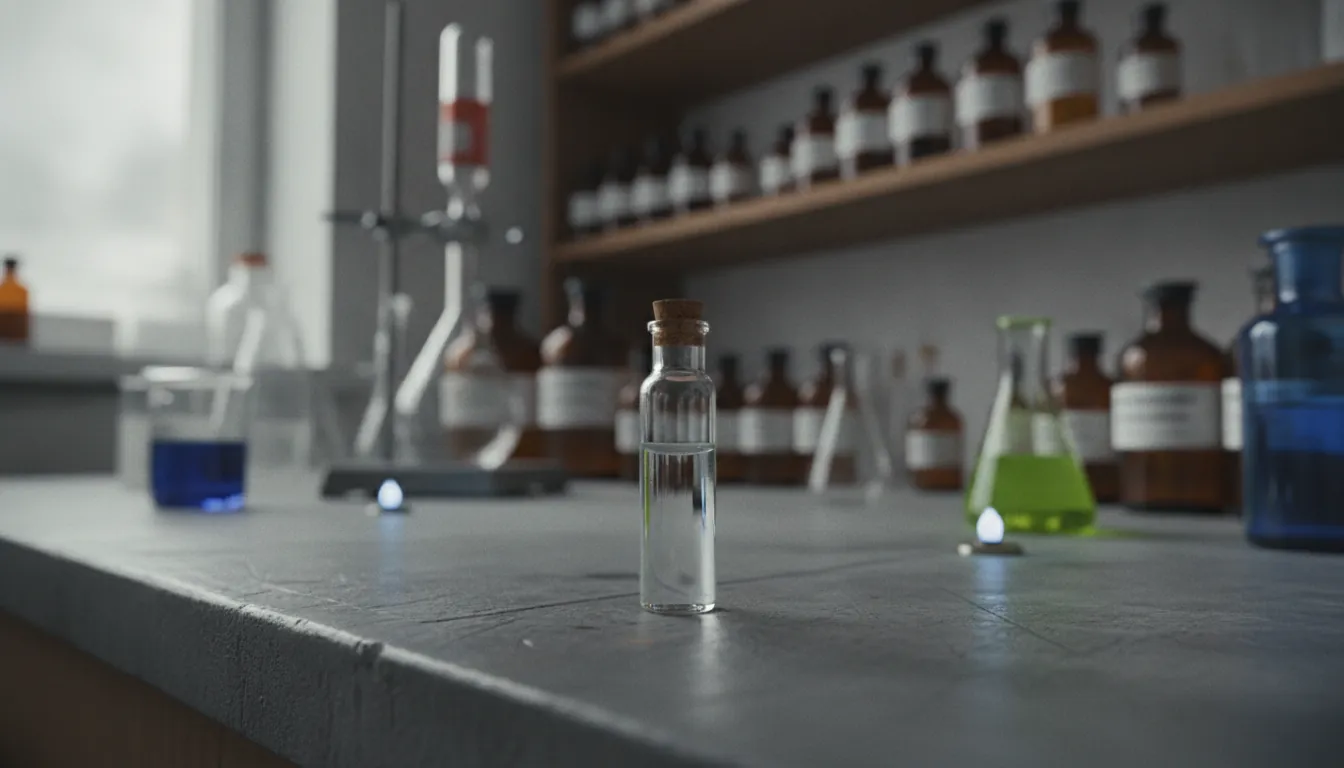 A vial of drug compound on a lab bench with chemical reagents in the background.