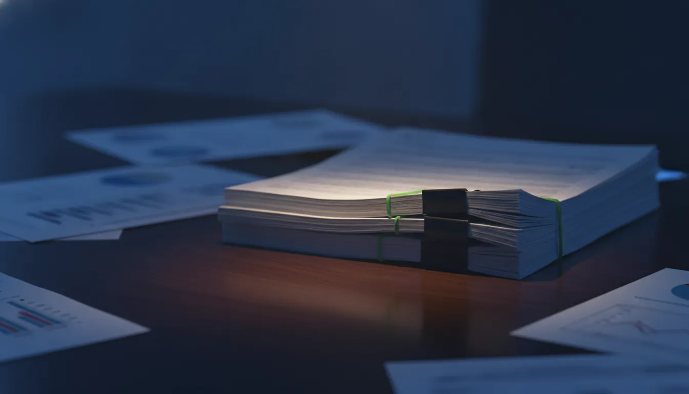 A stack of regulatory documents on a desk in a dimly lit office, symbolizing clinical trial data management.