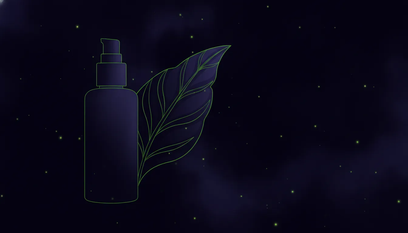 A minimalist illustration of a skincare bottle and a plant leaf in a dark palette.