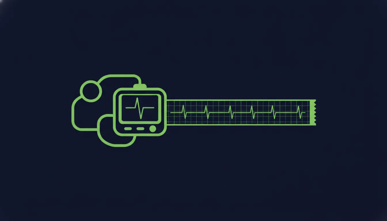 A minimalist illustration of a fetal heart rate monitor and monitoring strip on a dark background.