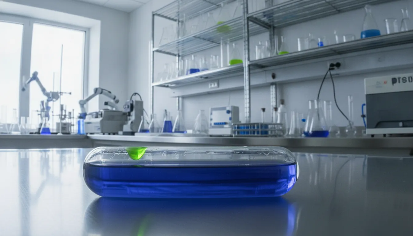 A test tube with a liquid sample in a modern wet lab setting.