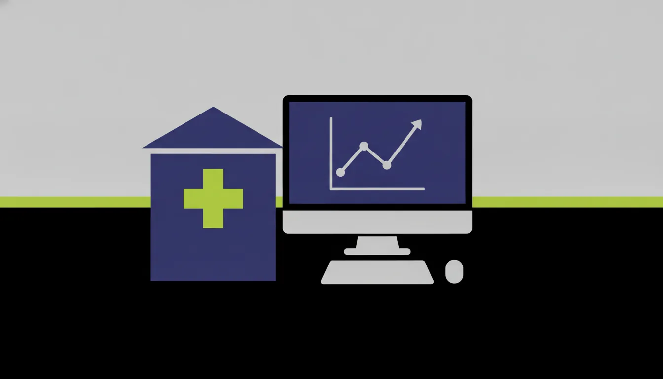 Flat illustration of a hospital and computer screen representing EHR modernization