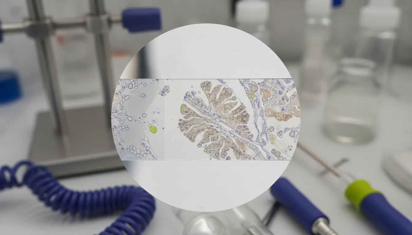 A tissue sample on a microscope slide in a lab setting.