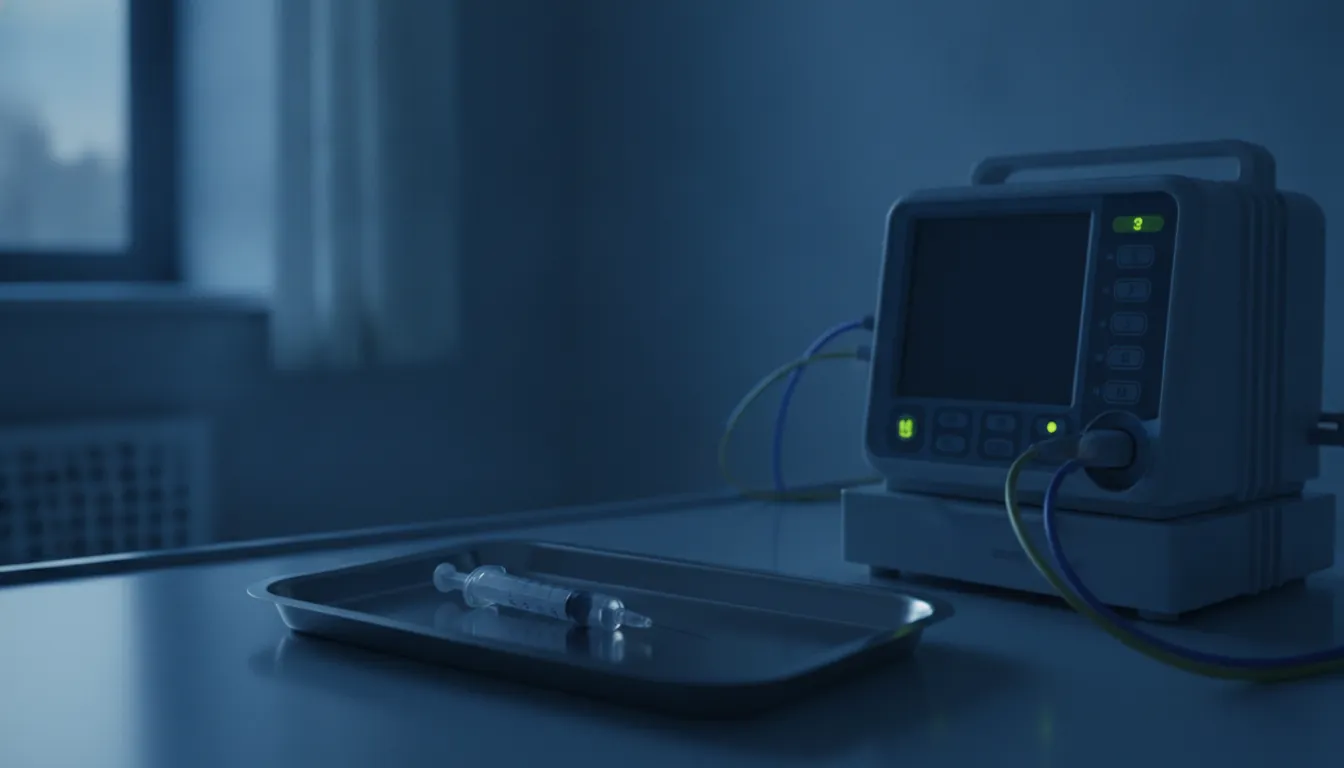 A syringe and medical device in a dimly lit hospital room