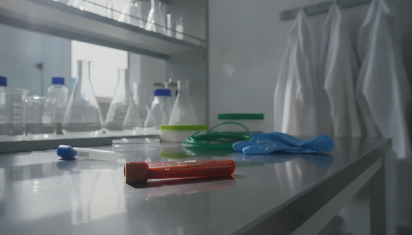 A blood sample in a test tube on a lab bench