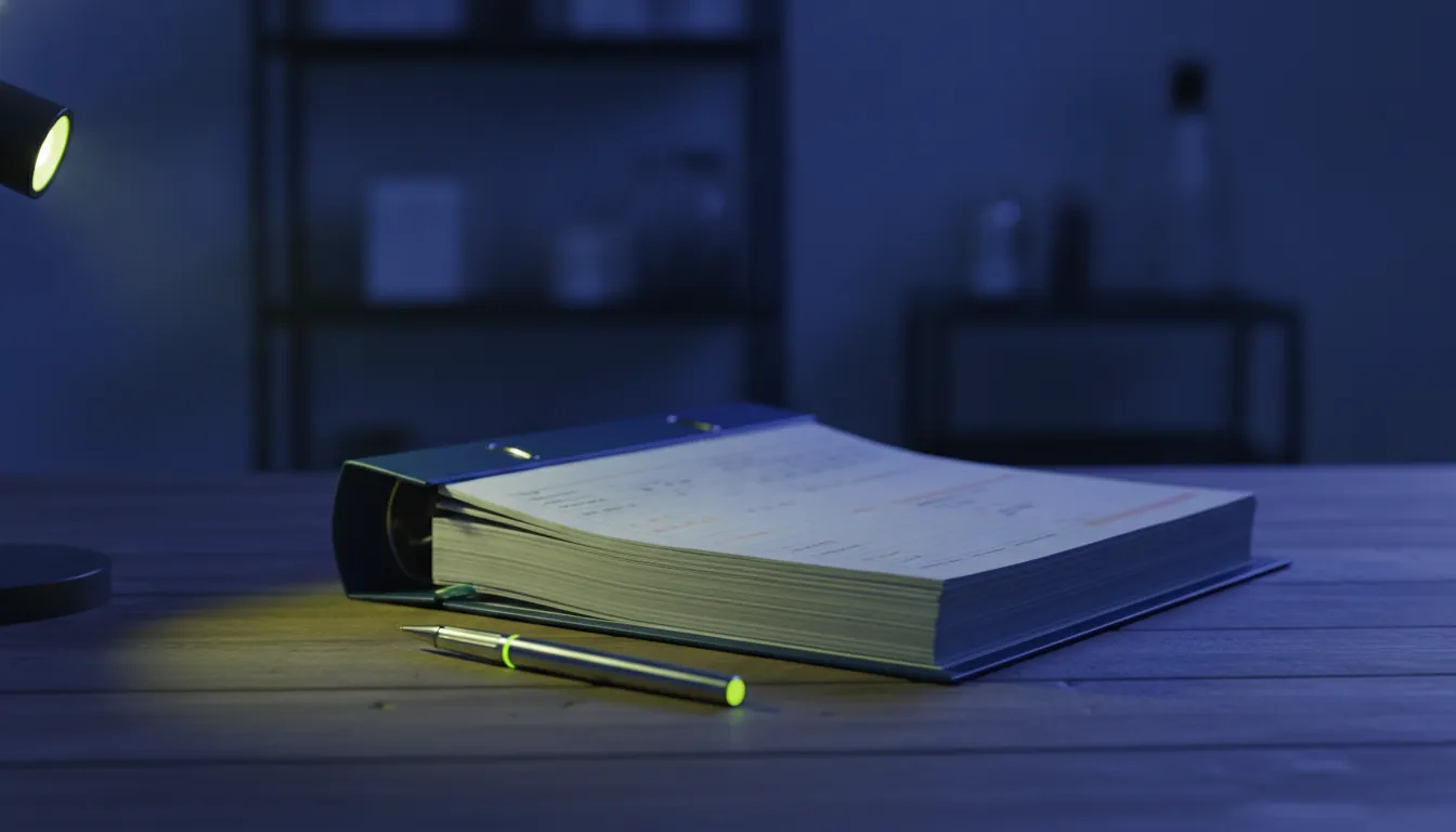 A patient file and pen on a desk in a dimly lit office