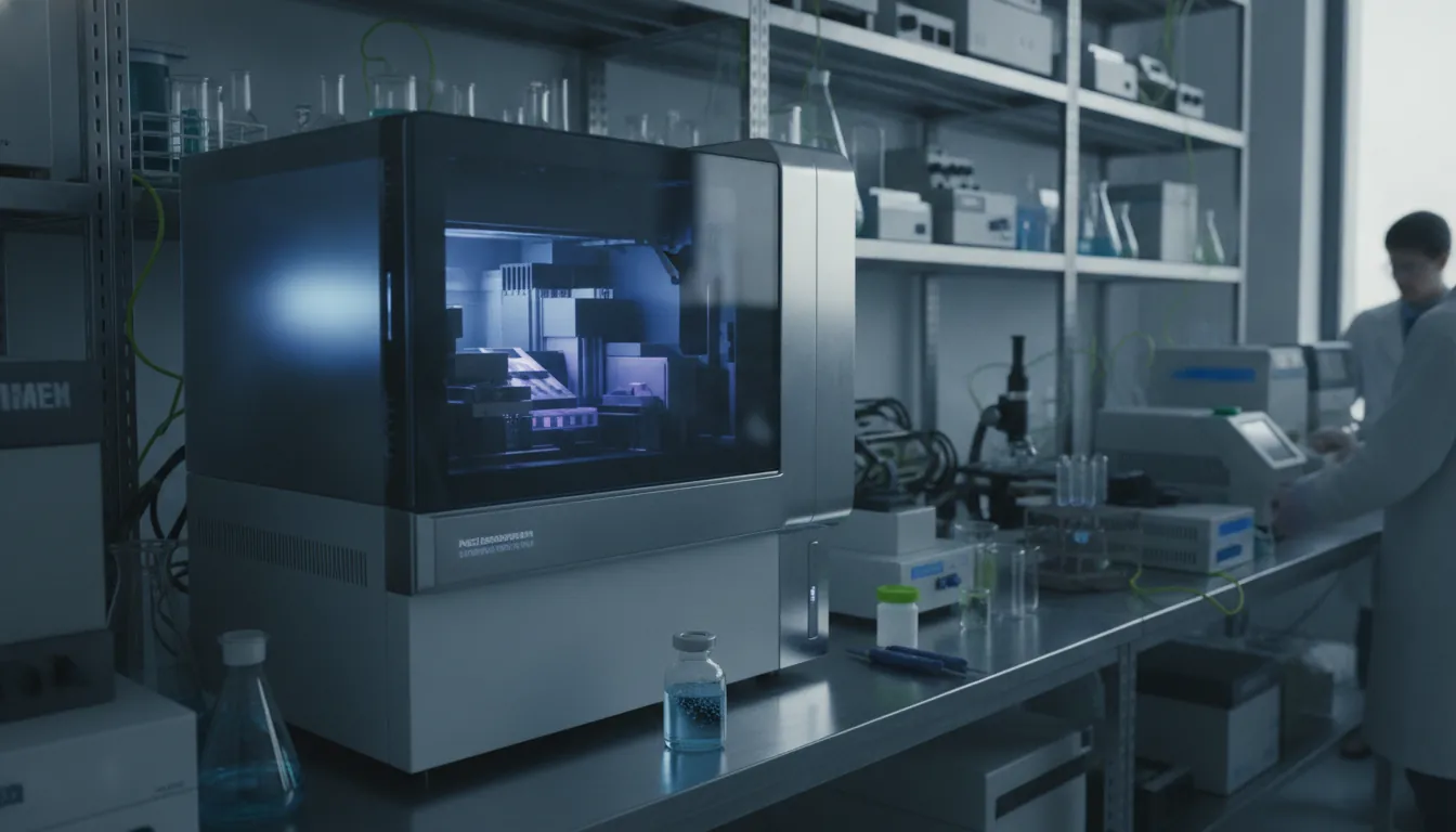 Next-generation sequencing machine in a laboratory setting with a sample vial on the bench.