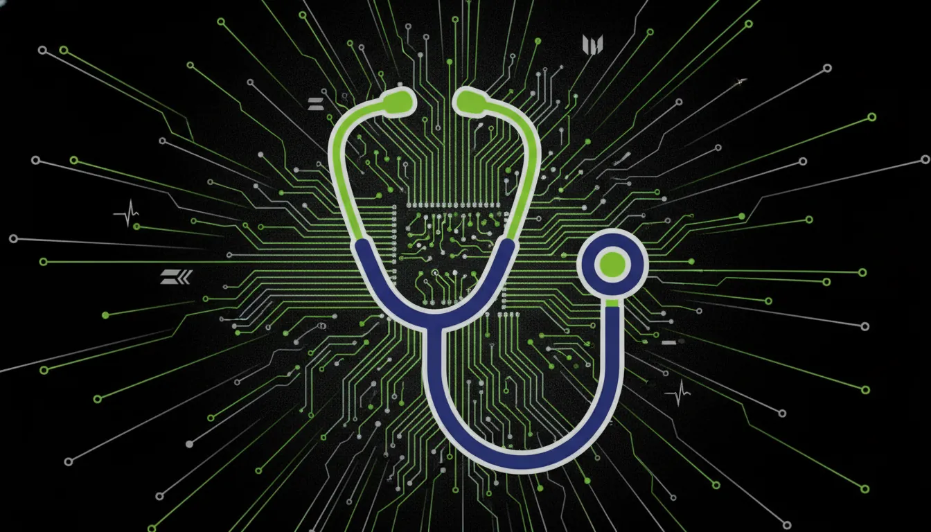 A minimalist representation of a stethoscope and digital circuit pattern.