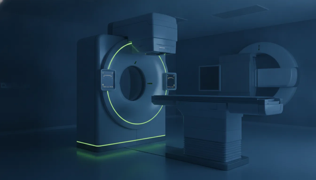 A radiology machine in a dimly lit hospital room, reflecting soft ambient light.