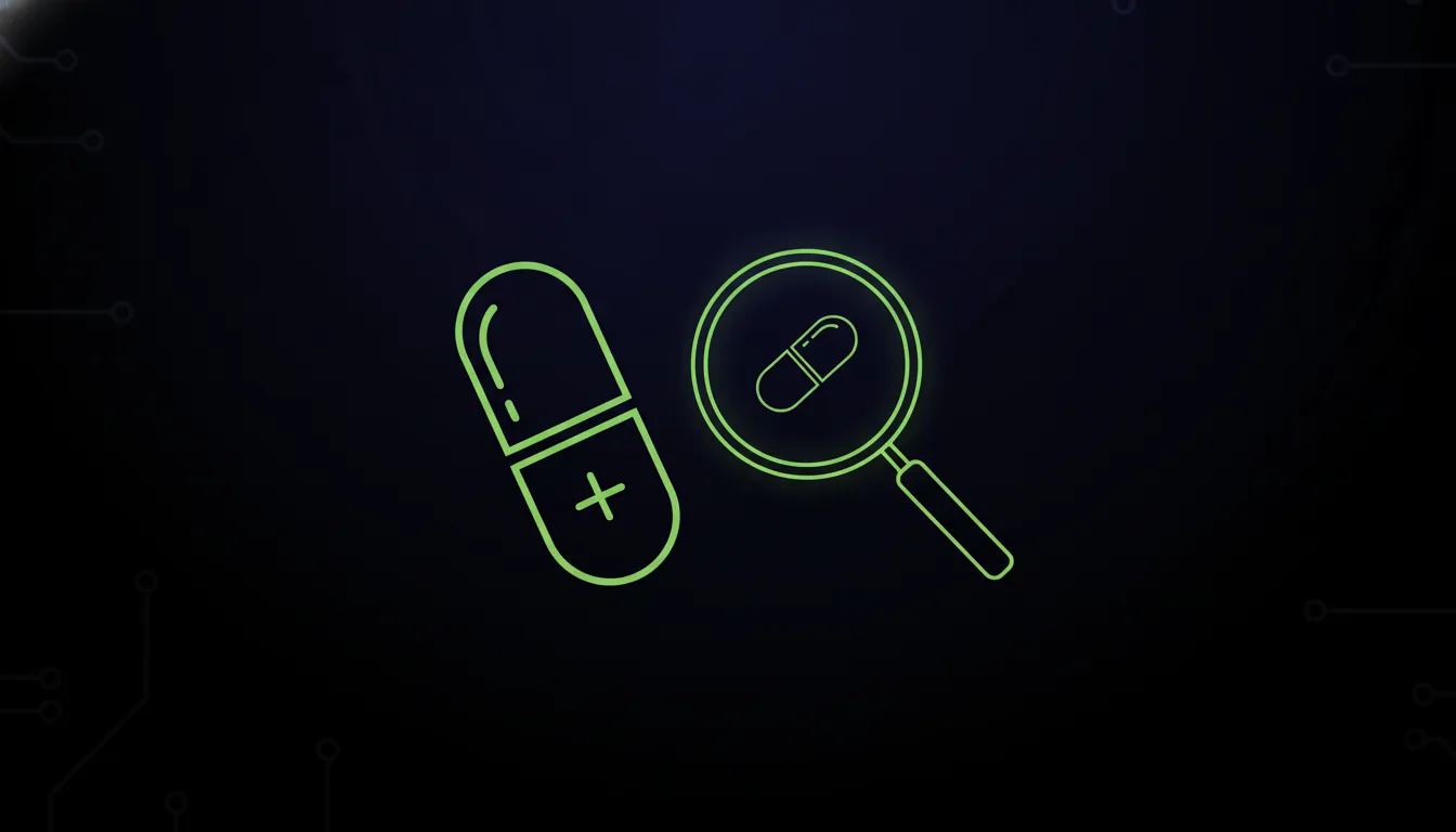 A minimalist illustration of a pill and a magnifying glass on a dark background.