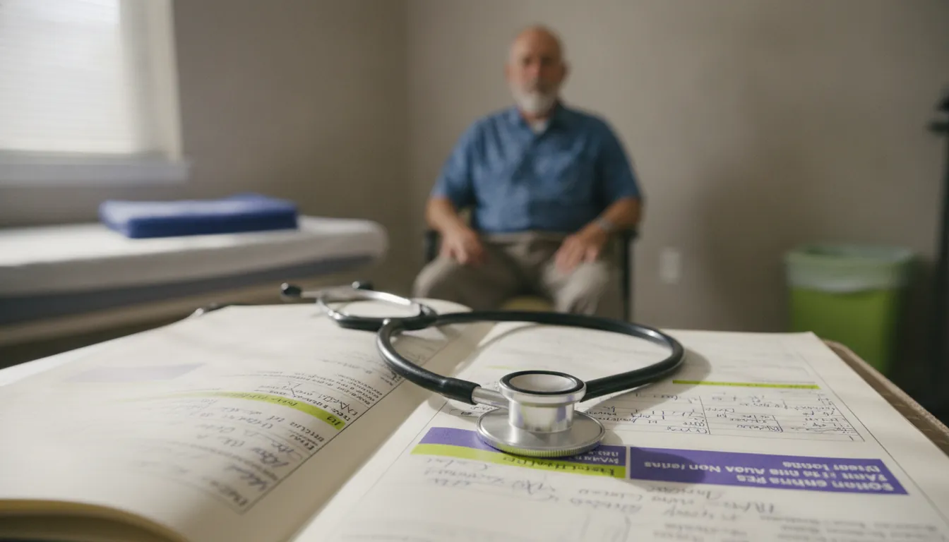 A stethoscope on a medical chart in a clinical room with a veteran in the background.