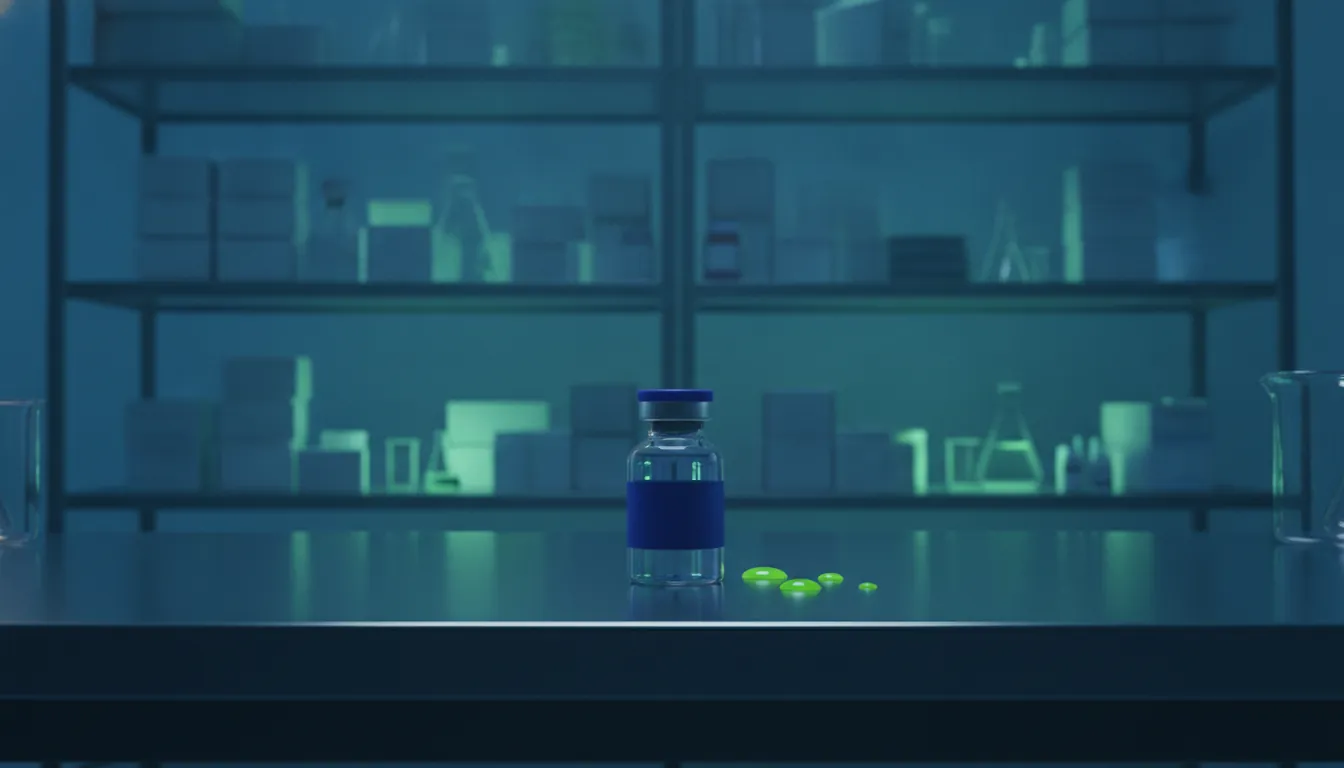 A vial of medication on a lab bench in a dimly lit pharmaceutical lab.