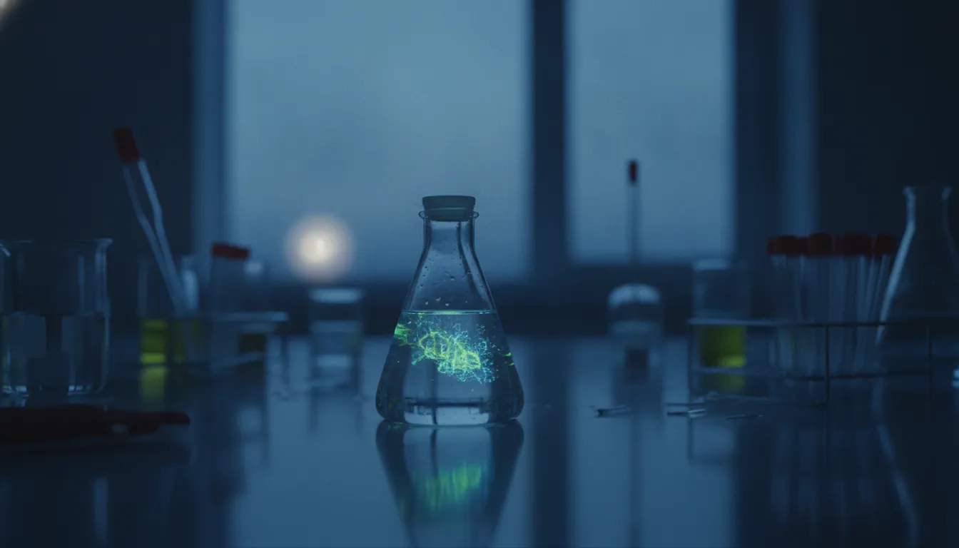 A cell culture flask in a dimly lit lab setting, symbolizing cell therapy production.