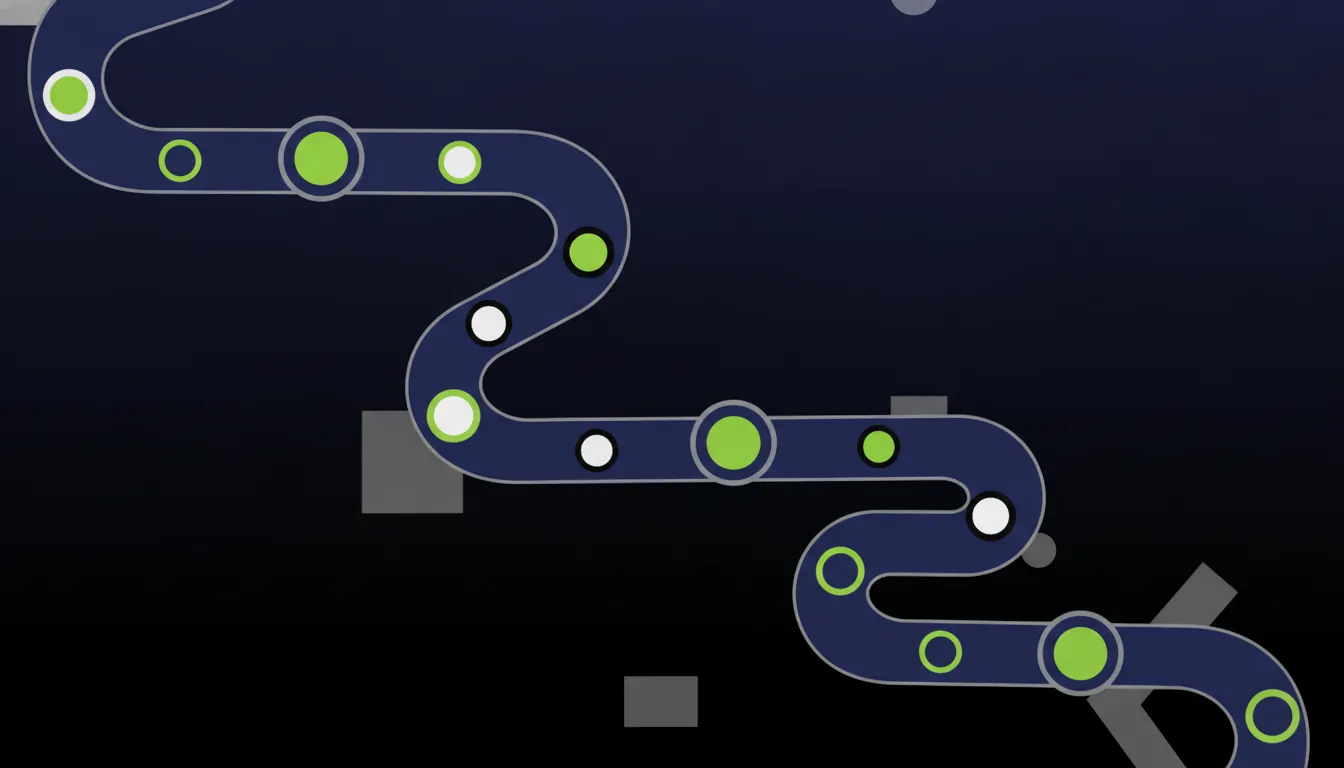 A flat design of a winding path with data points representing patient journeys in healthcare.