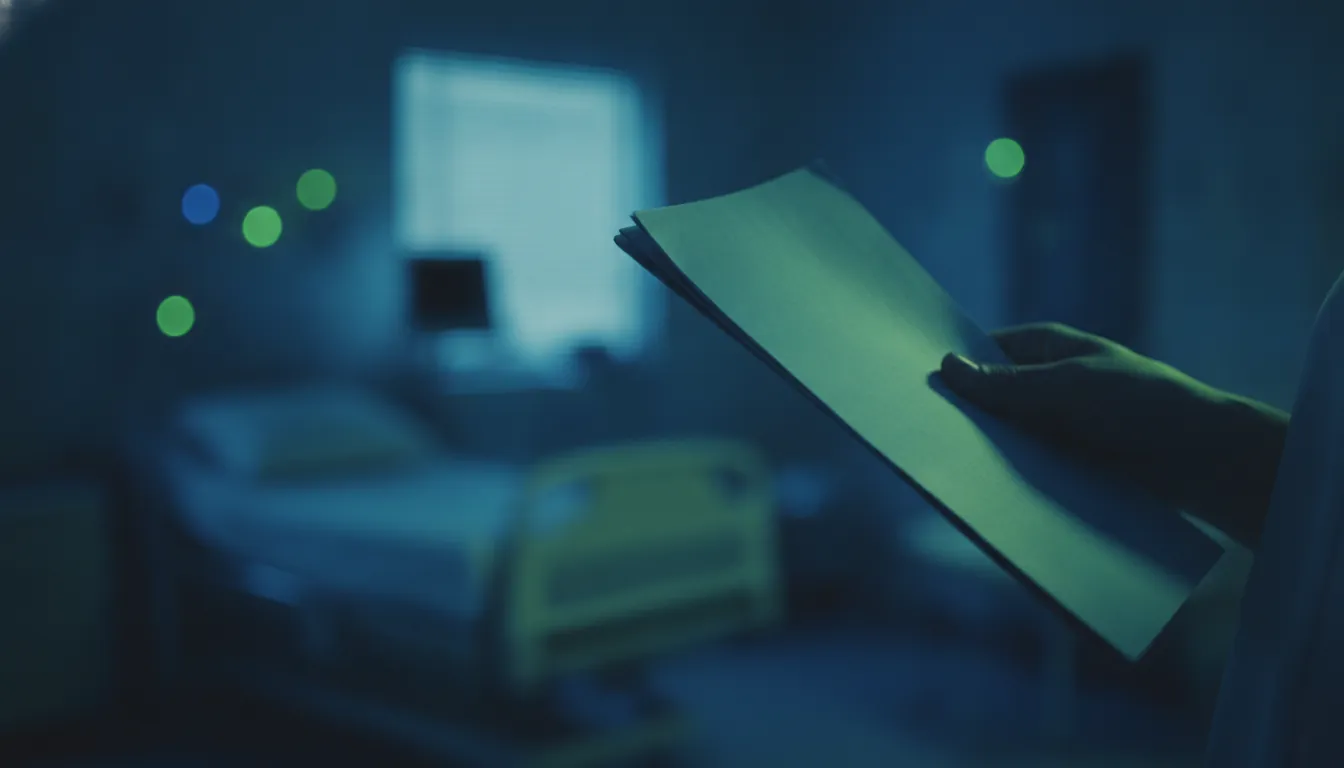 A nurse's hand holding a patient chart in a dimly lit hospital room.
