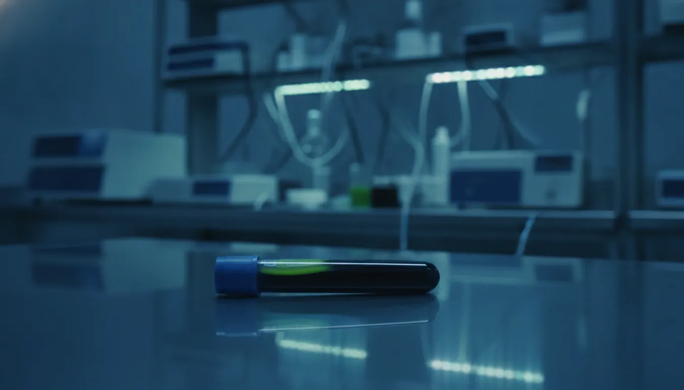 A blood sample in a test tube on a lab bench