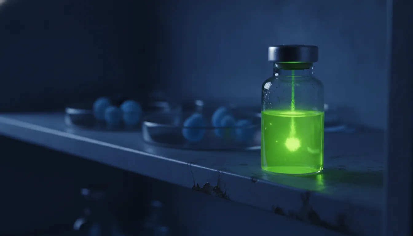 A vial of a drug compound on a lab shelf with cancer cells in the background.